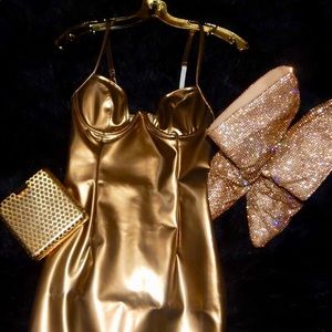 Oh Polly VINYL CURVED CUP MINI DRESS IN GOLD